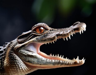 Obraz premium Close-Up Photo of Baby Crocodile with Mouth Open, Focusing on Large Prominent Eyes