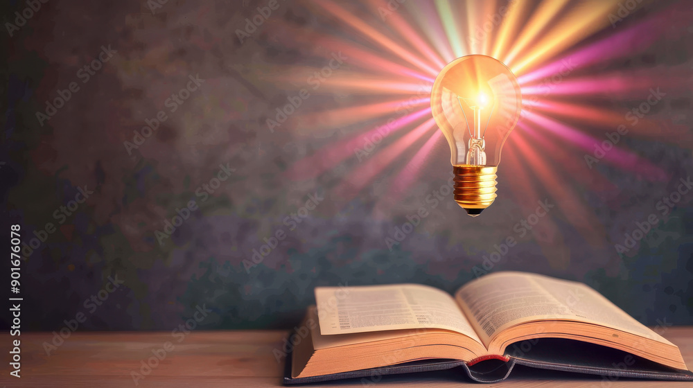 Poster an illuminated light bulb above an open book, symbolizing ideas and creativity, with colorful rays e