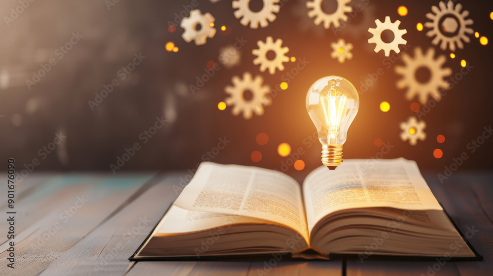 Poster an open book with a glowing light bulb above it, symbolizing ideas and innovation amidst gears repre