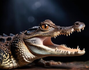 Fototapeta premium Close-Up Photo of Baby Crocodile with Mouth Open, Focusing on Large Prominent Eyes