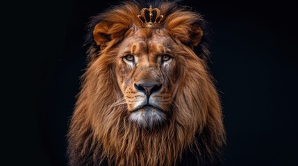 Fototapeta premium A majestic lion with an elegant golden king crown on a black background, symbolizing the Lion of Judah.