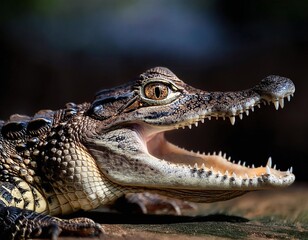 Obraz premium Close-Up Photo of Baby Crocodile with Mouth Open, Focusing on Large Prominent Eyes
