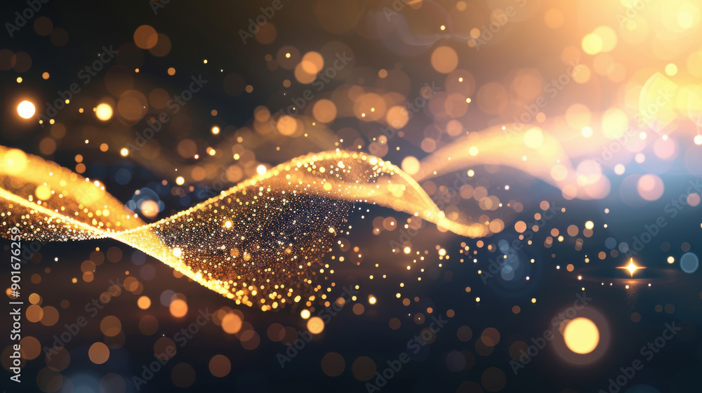 Poster captivating golden wave with shimmering particles on a dark background, creating a magical and vibra