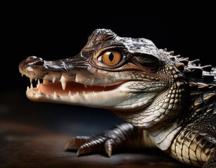 Fototapeta premium Close-Up Photo of Baby Crocodile with Mouth Open, Focusing on Large Prominent Eyes