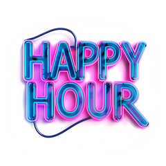 Neon sign with vibrant colors “Happy hour”. For party, drink, alcohol, bar, disco, discotheque, club, event and celebration. Isolated on transparent background.