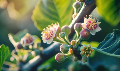 Fig tree blossoms and young figs, close-up