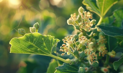Naklejka premium Fig tree blossoms and young figs, close-up