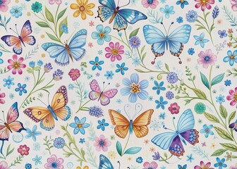 Delicate forget-me-not flowers and colorful butterflies dance across a white background, forming a whimsical seamless pattern perfect for spring-inspired decorative designs.