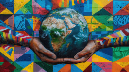 A graffiti art of hands cradling the globe, Earth adorned with dense forests