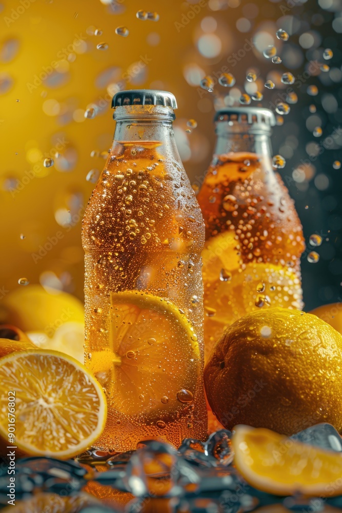 Poster two bottles of soda with a lemon slice in each bottle. the bottles are on a table with a few slices 