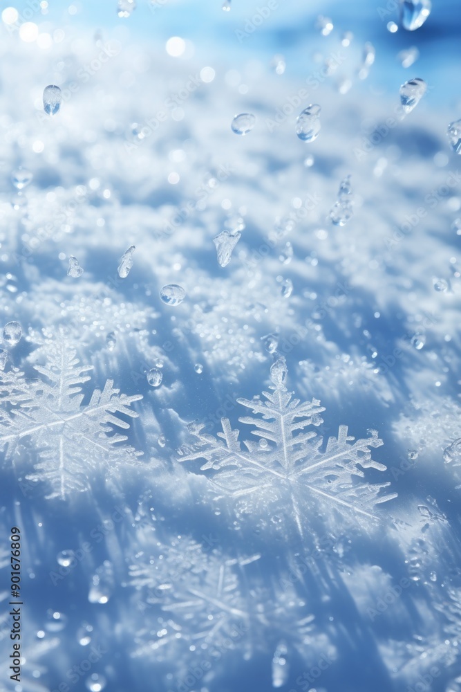 Poster a snow-covered landscape with a few snowflakes falling from the sky. the snowflakes are small and sc