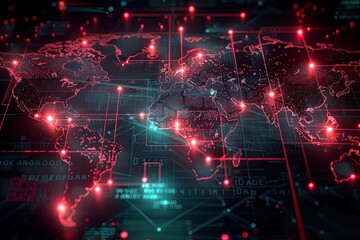 Obraz premium Abstract digital world map with glowing red dots and lines.