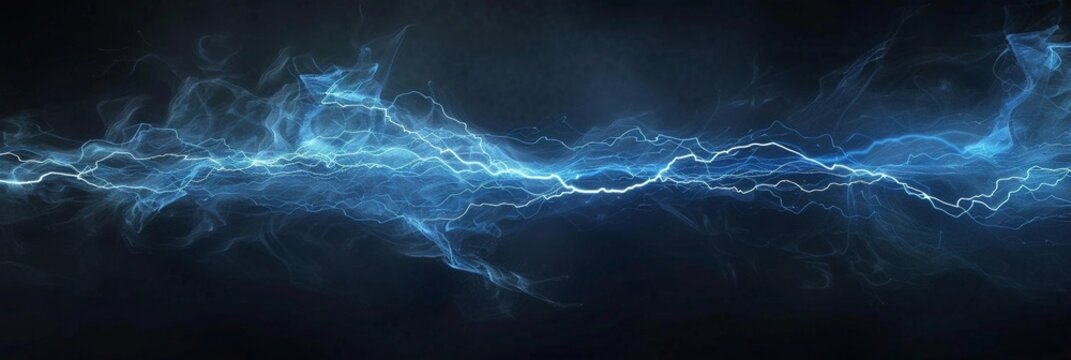 A blue lightning bolt represents electromagnetism with a glowing effect on a black background, giving it a mystical appearance.
