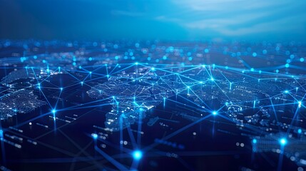 Obraz premium Blue glowing lines connect the world, signifying global network and communication.
