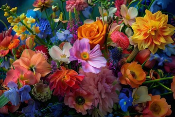 Beautiful, vivid, colorful mixed flower bouquet still life detail