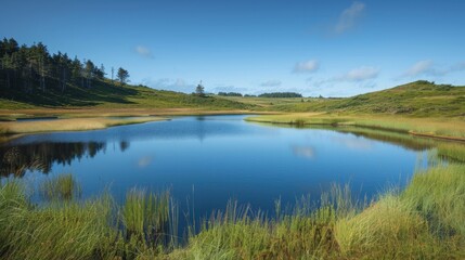 Reflective lake in a serene landscape. Peaceful and calming scene.