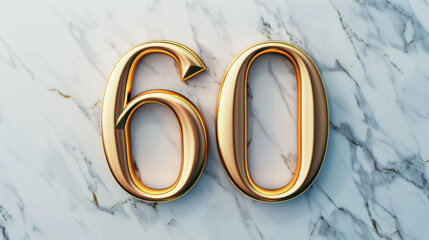Elegant 3D representation of the number 60 in gold, set against a stylish marble background, perfect for celebrations or milestones.
