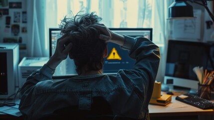 A person is sitting at a desk with a computer monitor in front of them