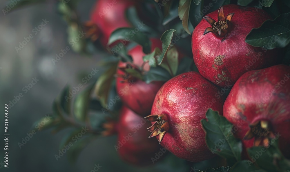 Poster macro view of a cluster of pomegranates on a leafy branch