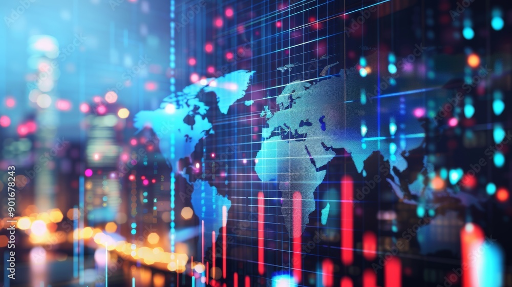 Poster global financial data visualization with digital world map