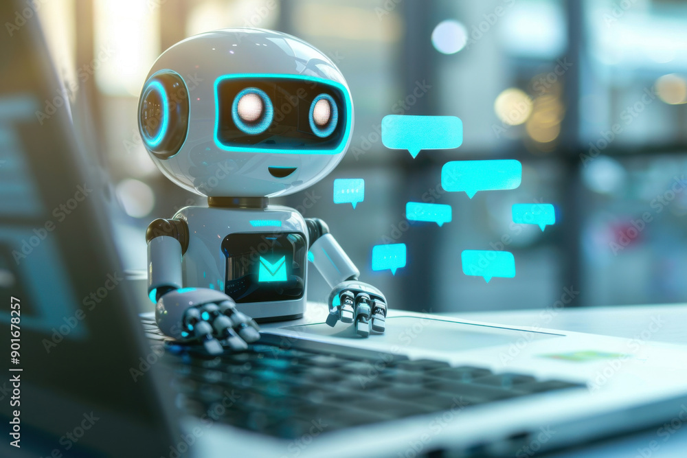 Poster friendly robot interacts with a laptop, showcasing advanced communication technology in a modern wor