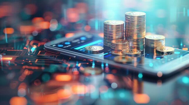 Banking app, smartphone with coins, 3D illustration, mobile finance concept, copy space, more clarity with clear light and sharp focus , high detailed ,