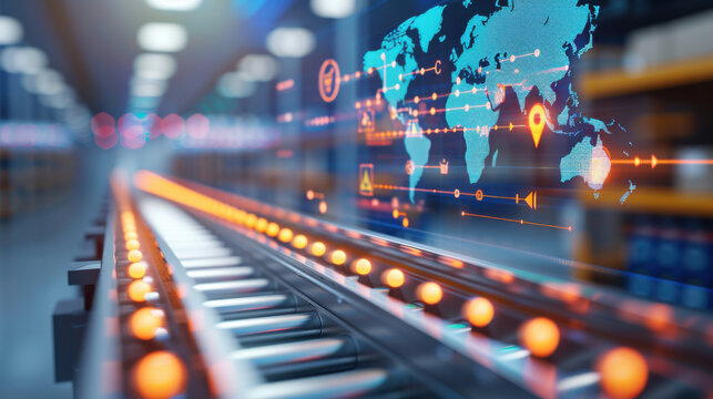Futuristic conveyor belt with global map, showcasing logistics and smart technology in a modern warehouse environment.