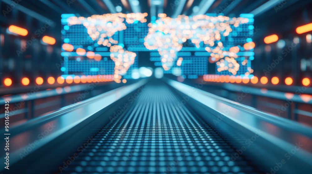 Poster futuristic view of a digital map with illuminated lines, representing technology and connectivity in