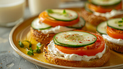 Gourmet canapés with cream cheese, tomato, and cucumber slices.