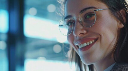 A woman with glasses is smiling and looking at the camera. The image has a bright and cheerful mood, with the woman's smile and the clear blue background