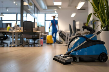 Office cleaning, mop for cleaning and clean floor. concept template for advertising cleaning, office cleaning, sanitary conditions with space for text
