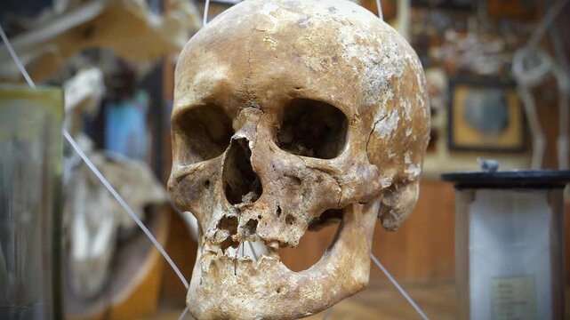 Human skull. Bones of human cranium. 4K zoom-in video