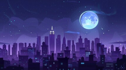 a cityscape with a full moon in the sky
