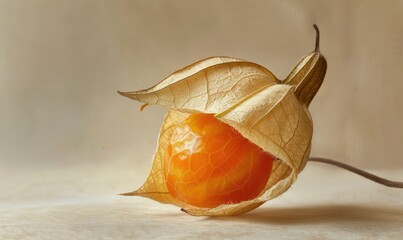 A close-up of a single physalis fruit with its husk torn