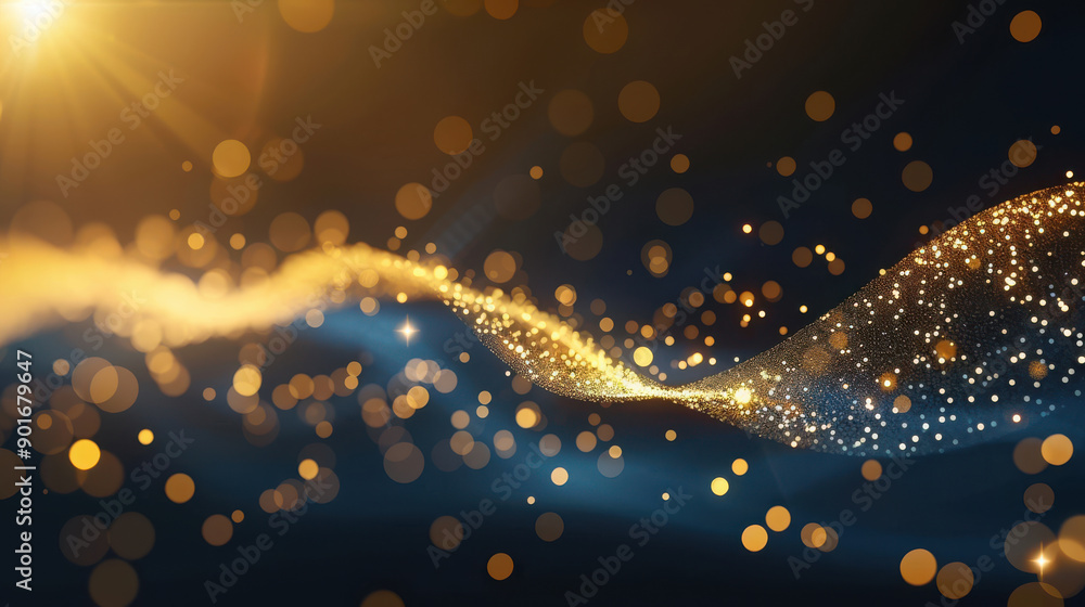Poster stunning golden particles flowing in a captivating wave against a dark background, creating a magica