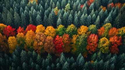 Vibrant Autumn Forest Landscape With Mixed Trees Displaying Fall Colors in Nature. Generative AI