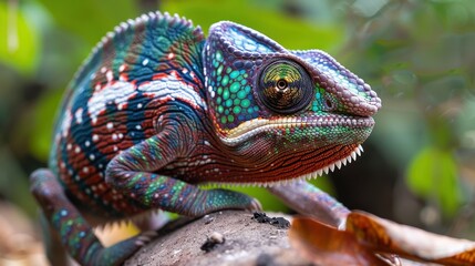Fototapeta premium A chameleon blending into its surroundings, showcasing its vibrant colors and unique ability to camouflage.