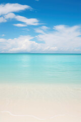 Fototapeta premium Tranquil Beach Escape: A serene horizon of turquoise water meets a pristine white sandy beach, under a cloudless azure sky. The soft waves and gentle breeze evoke a sense of peace and tranquility, per