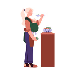 Mother cooking and eating while carrying her baby in sling, vector woman preparing food with baby carrier wrap