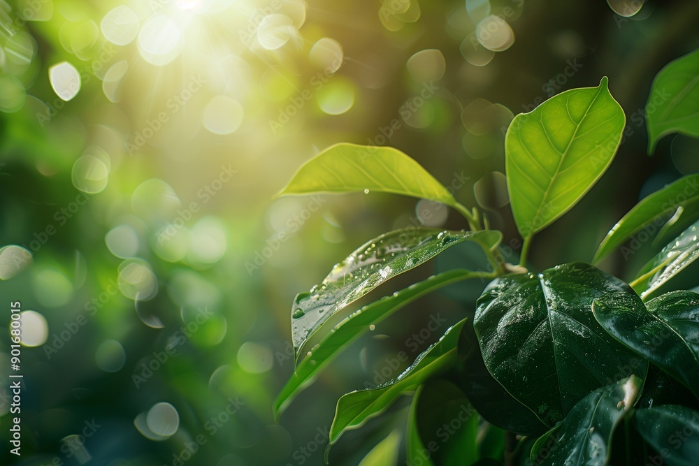 Poster close-up of a green leaf with a blurred greenery background under sunlight, featuring bokeh and copy