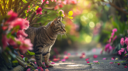 Obraz premium colorful image of cat in the garden on the path with pink flowers