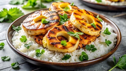Juicy grilled chicken and sweet pineapple rings adorned with fresh cilantro, served on a bed of rice, against a sleek marble countertop background.