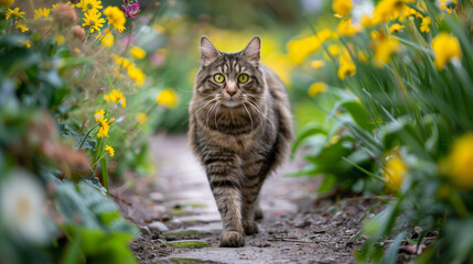 colorful image of cat in the garden on the path with yellow flowers