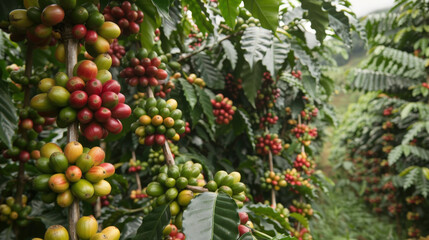 Fototapeta premium Close-up of colorful coffee cherries on coffee plant branches