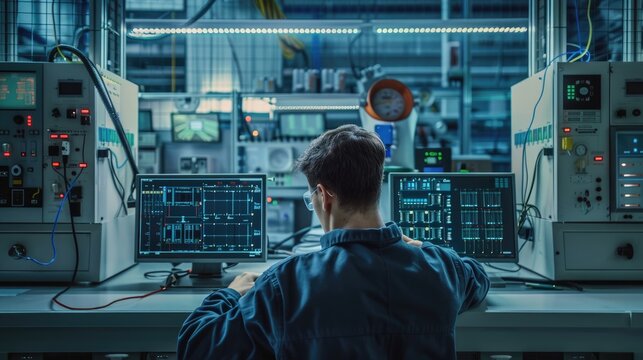 Electrical engineer at a workbench testing circuit boards in a technology lab, surrounded by various electronic testing equipment with screens, dials, and cables