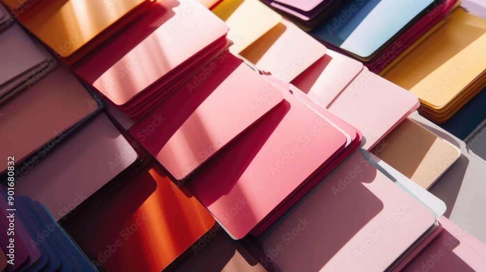 Poster a stack of colorful cards with a pink card in the middle. the cards are arranged in a way that they 