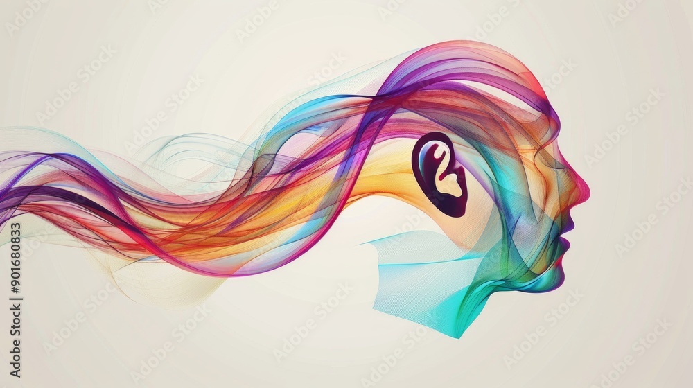 Poster Create a dynamic visual of an ear with swirling, colorful lines representing sound waves, set against a neutral, solid background, conveying the idea of sound and motion in a visually striking manner 