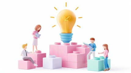 A group of people are building a structure with a light bulb on top