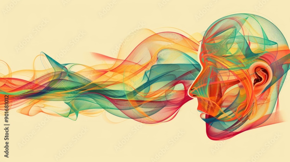 Poster create a dynamic visual of an ear with swirling, colorful lines representing sound waves, set agains