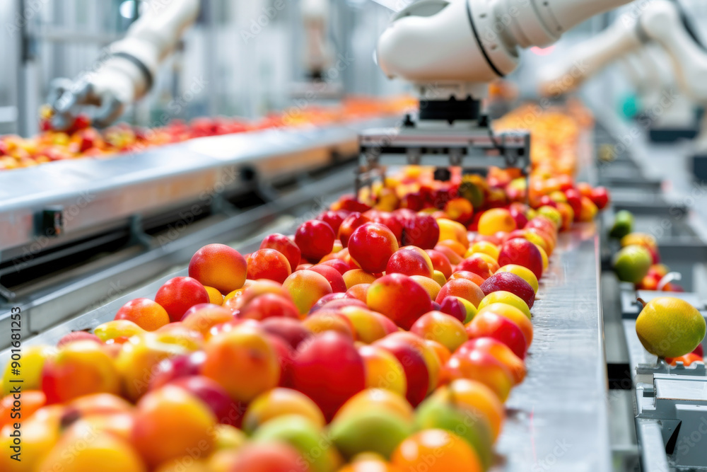 Poster a modern automated system sorting fresh apples on a conveyor belt, showcasing technology in agricult